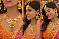 Traditional Gold Plated Necklace, Earrings & Maang Tikka Set