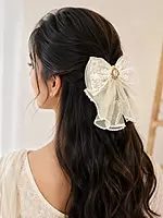 Lace and Tulle Bow Hairpin Set with Pearl Cameo.