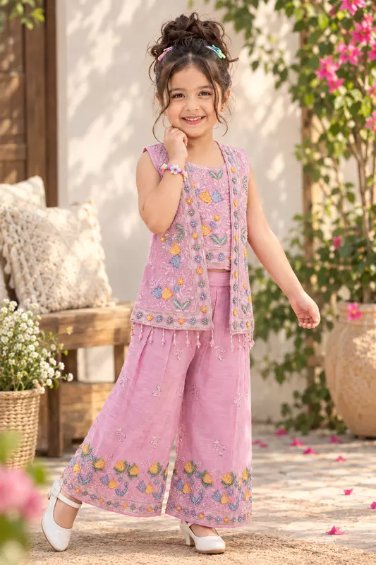 Pink Blossom Designer Embroidered Sharara Set for Girls