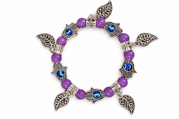Beaded Evil Eye and Hamsa Charm Bracelet with Leaf Pendants | Korean Bracelet