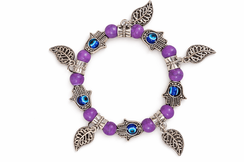 Beaded Evil Eye and Hamsa Charm Bracelet with Leaf Pendants | Korean Bracelet