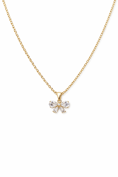Gold Plated Bow Pendant Necklace with Crystal Accents