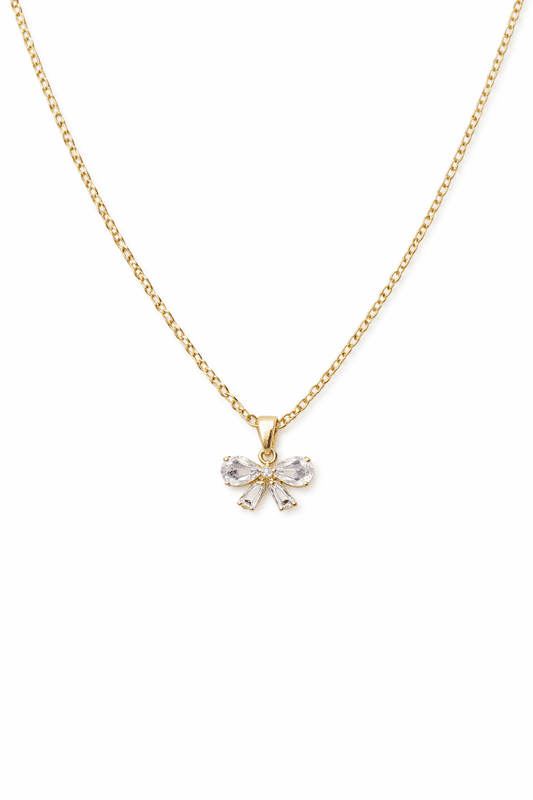 Gold Plated Bow Pendant Necklace with Crystal Accents