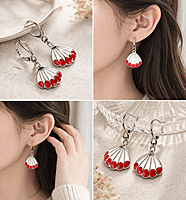 Fan-Shaped Drop Earrings with Red Enamel Detailing | Korean Earrings