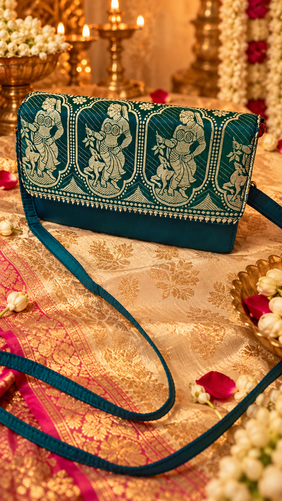 Peacock Blue-Green Dual-Tone Baluchari Silk Sling Bag royal motif Peacock Blue-Green Dual-Tone Baluchari Silk Sling Bag royal motif
