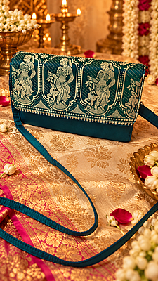 Peacock Blue-Green Dual-Tone Baluchari Silk Sling Bag royal motif