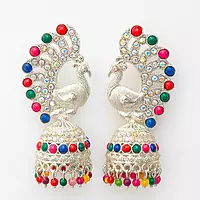 Silver Peacock Multicolor Jhumka Earrings