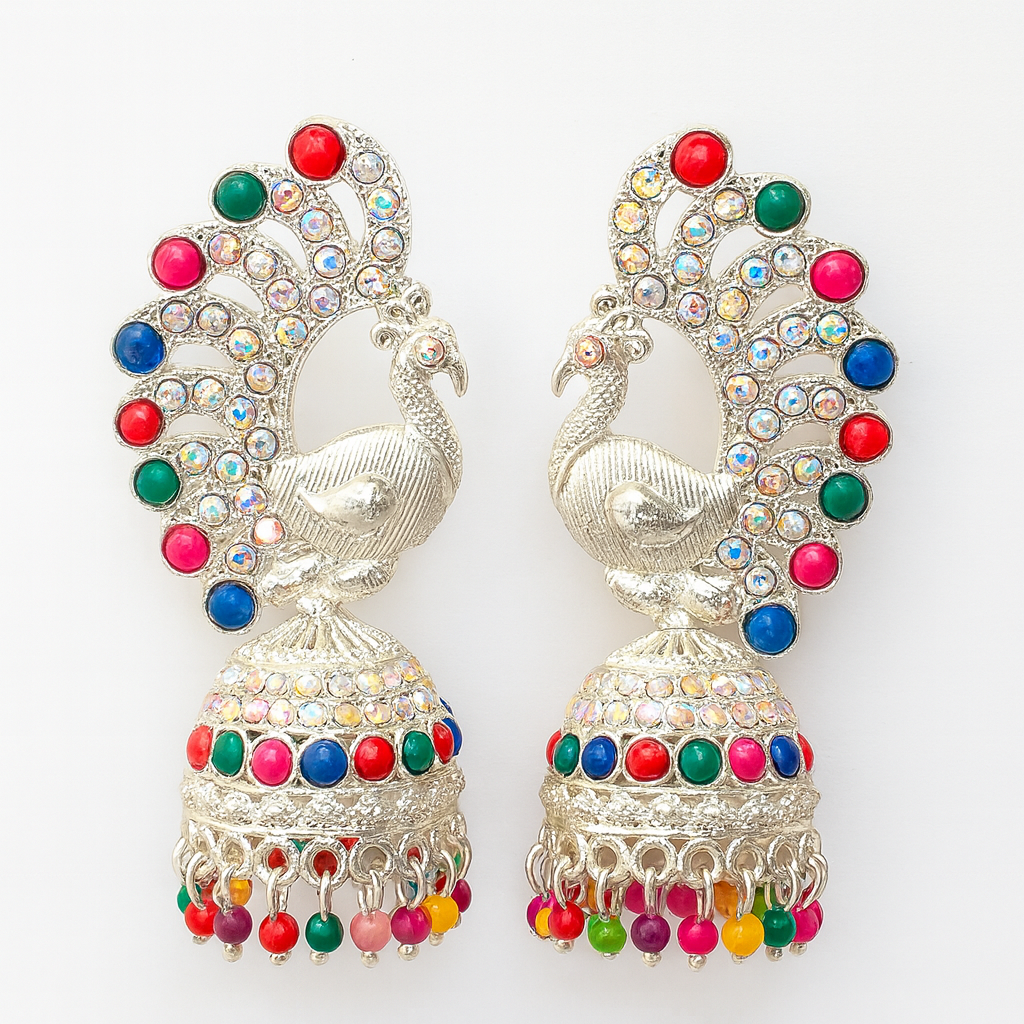 Silver Peacock Multicolor Jhumka Earrings