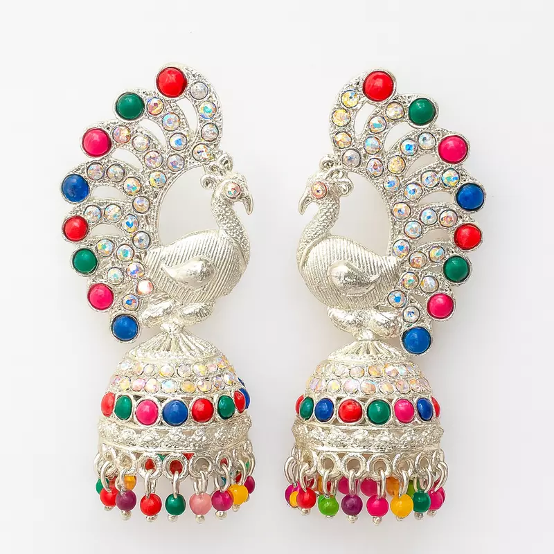 Silver Peacock Multicolor Jhumka Earrings