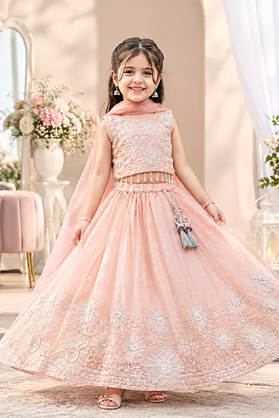 Peach Blossom Embroidered Festive Lehenga Choli Set for Girls