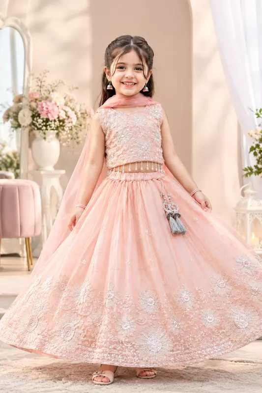 Peach Blossom Embroidered Festive Lehenga Choli Set for Girls