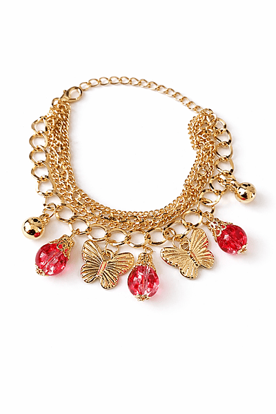Gold Plated Butterfly Charm Bracelet with Red Crystal Drops