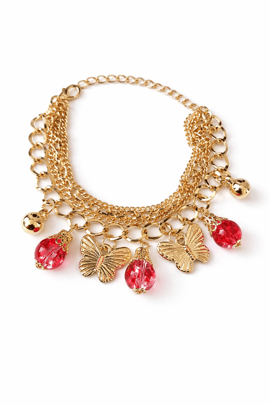 Gold Plated Butterfly Charm Bracelet with Red Crystal Drops