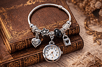 Silver Charm Bracelet Watch with Heart and Star Pendants