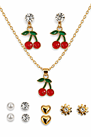 Cherry Pendant Necklace and Earring Set with Multi-Stud- Combo | Korean Style