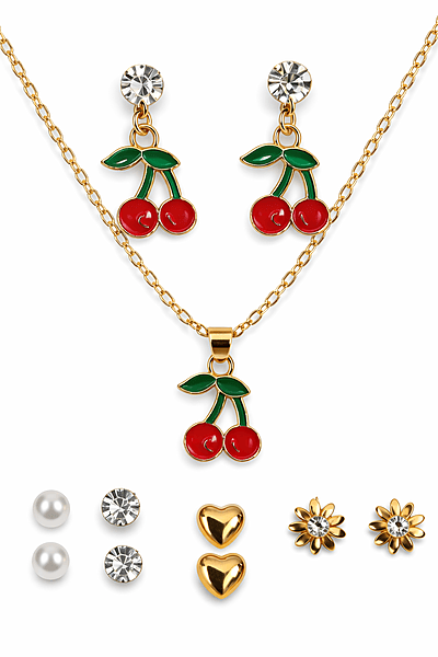 Cherry Pendant Necklace and Earring Set with Multi-Stud- Combo | Korean Style