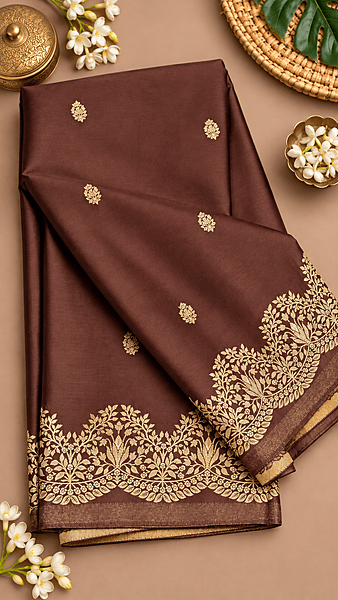 Mashru Katan Banarasi Saree – Chocolate Brown with Golden Zari
