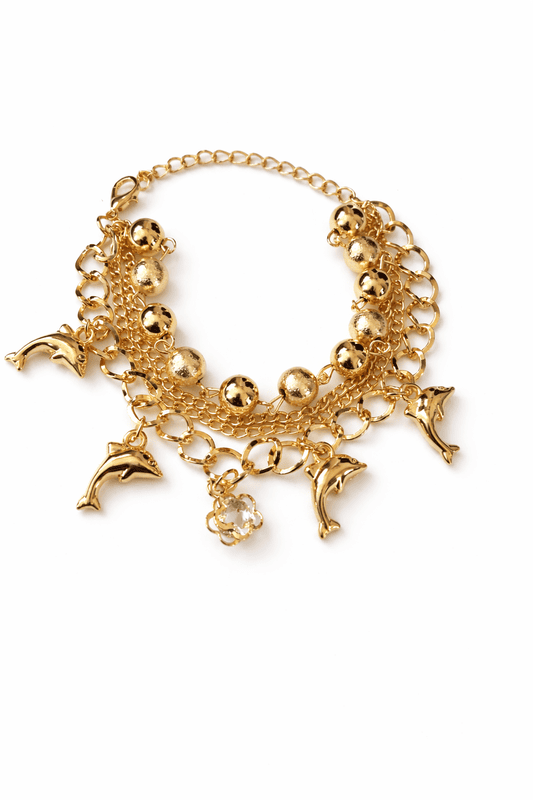 Gold Plated Dolphin Charm Bracelet with Crystal Pendant