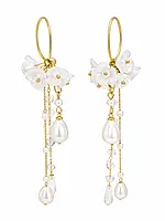 White Flower Pearl Tassel Earrings with Gold Hoops