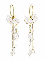 White Flower Pearl Tassel Earrings with Gold Hoops