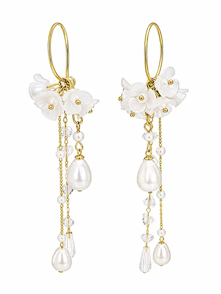 White Flower Pearl Tassel Earrings with Gold Hoops