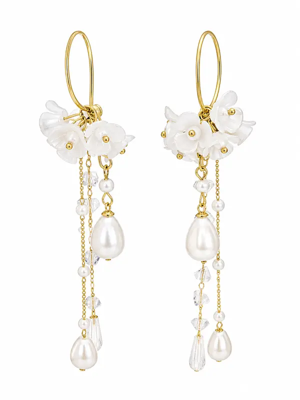 White Flower Pearl Tassel Earrings with Gold Hoops