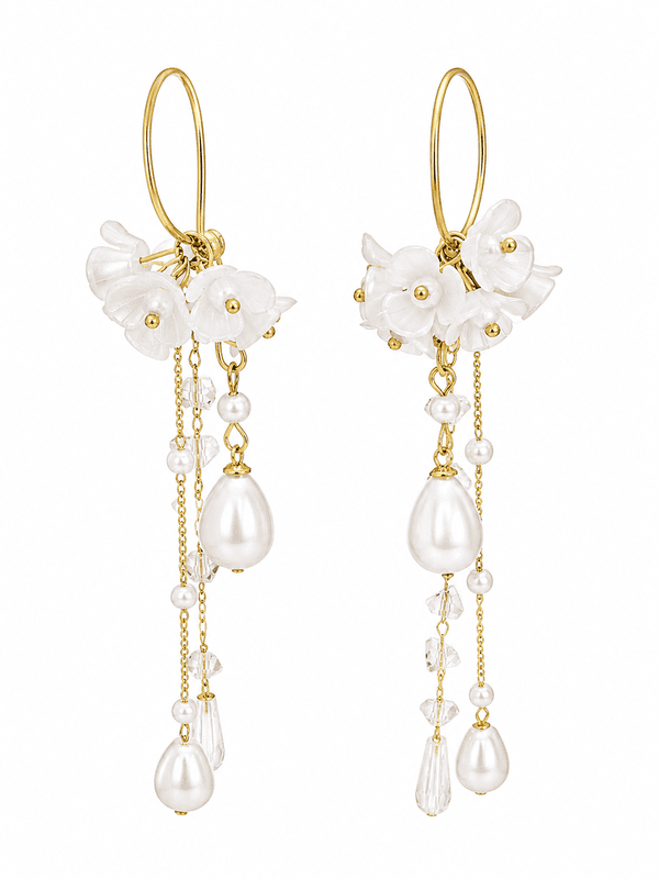 White Flower Pearl Tassel Earrings with Gold Hoops