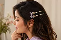 Gold-Tone Chain Hairpin Set with Translucent Flower Charms