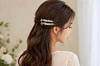 Gold-Tone Bow Hairpin Set with Pastel Bead Cascades .