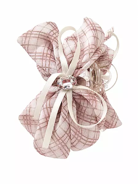 Pink Plaid Scrunchie Hair Clutcher with Bow and Crystal Accent