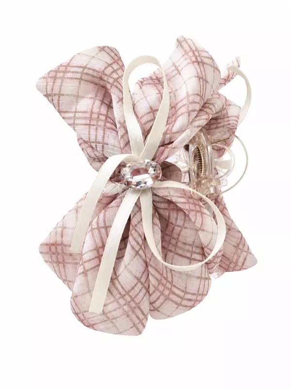 Pink Plaid Scrunchie Hair Clutcher with Bow and Crystal Accent