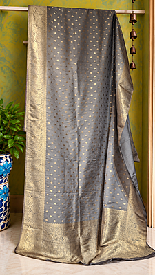 Elegant Grey Banarasi Saree in Semi Katan with Rich Golden Zari Elegant Grey Banarasi Saree in Semi Katan with Rich Golden Zari