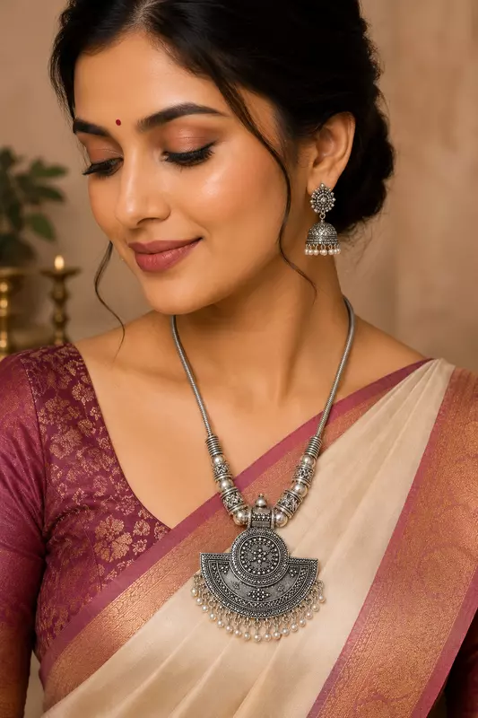 Antique Oxidised Silver Tribal Statement Pendant Necklace with Pearl Fringe