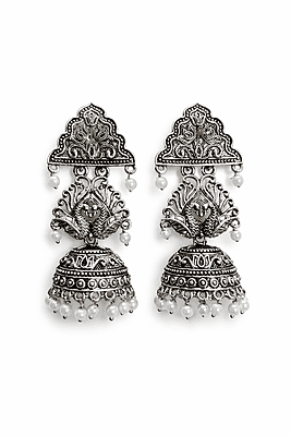 Antique Oxidised Peacock Jhumka Earrings with Pearl Beads