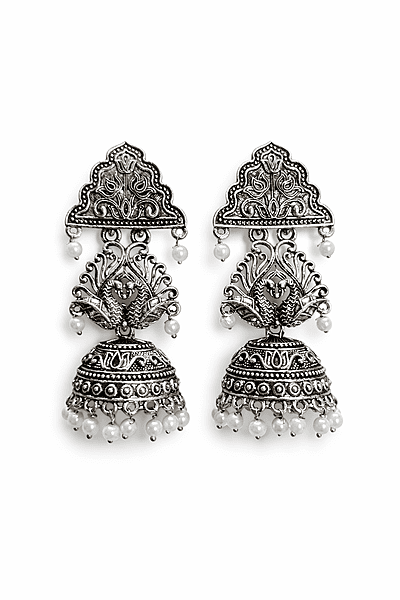 Antique Oxidised Peacock Jhumka Earrings with Pearl Beads