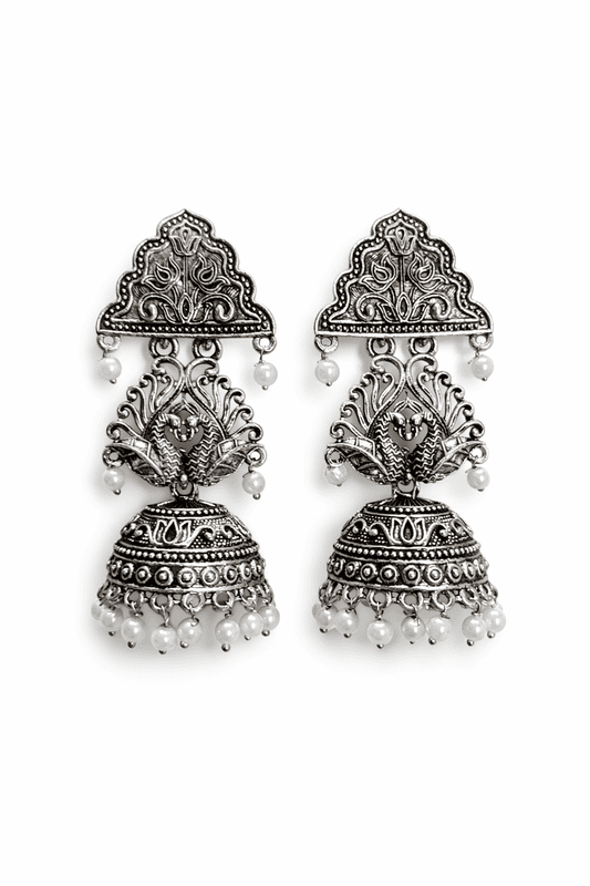 Antique Oxidised Peacock Jhumka Earrings with Pearl Beads