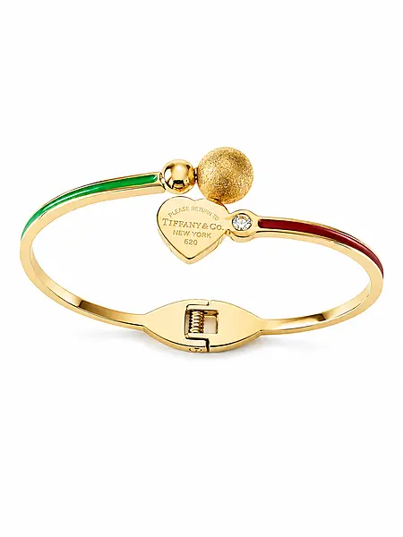 Gold Heart Charm Bangle with Colorful Enamel and Crystal Accent