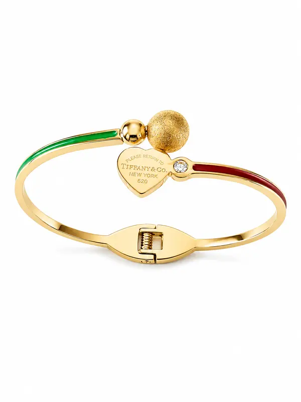 Gold Heart Charm Bangle with Colorful Enamel and Crystal Accent
