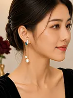 Leaf and Pearl Drop Earrings in Teal and White