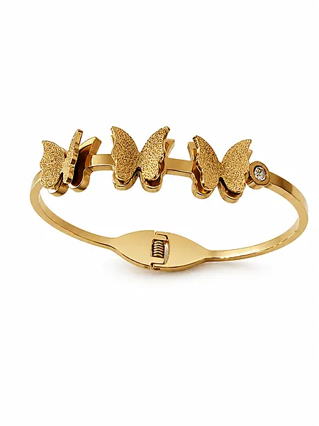Triple Butterfly Bangle Bracelet with Crystal Accent in Gold