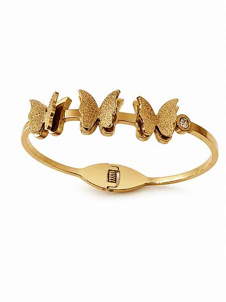 Triple Butterfly Bangle Bracelet with Crystal Accent in Gold