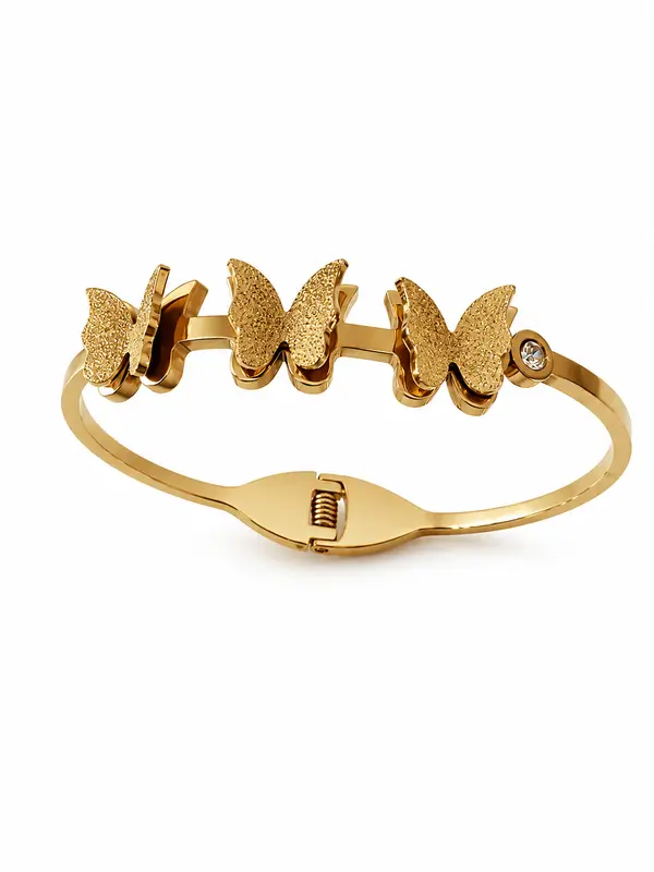Triple Butterfly Bangle Bracelet with Crystal Accent in Gold