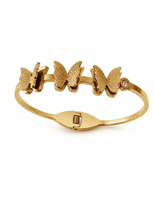 Triple Butterfly Bangle Bracelet with Crystal Accent in Gold