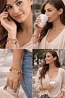 Gold Plated Butterfly Charm Bracelet with Red Crystal Drops