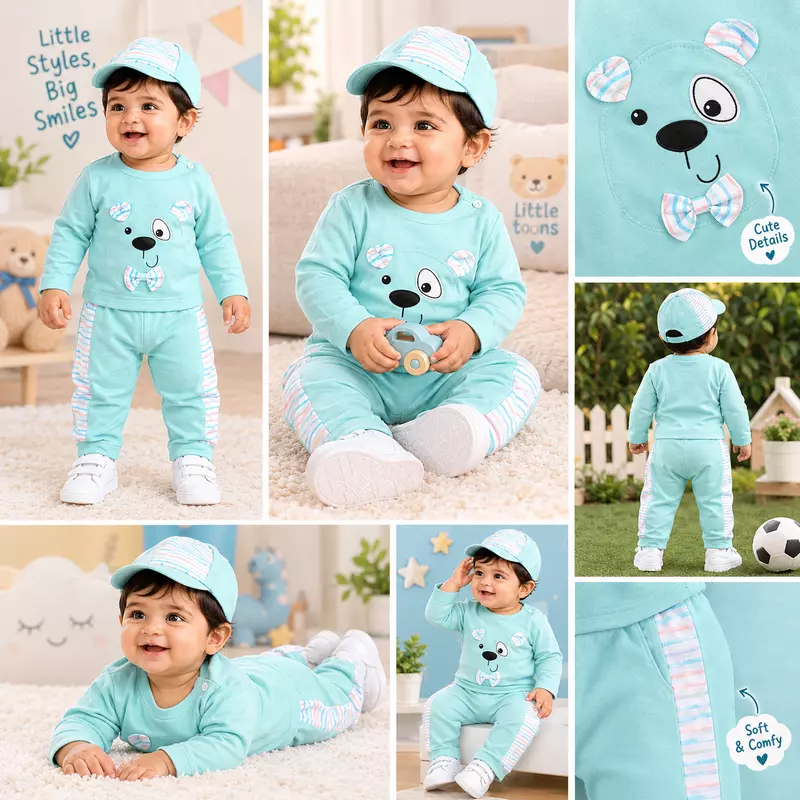Mint Green Little Bear Printed Baby Boy Co-Ord Set with Cap