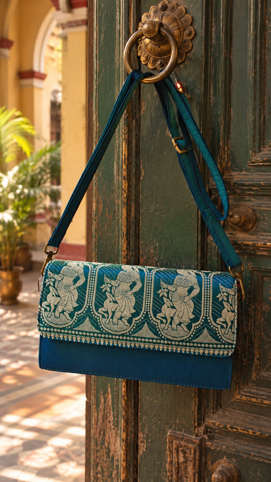 Peacock Blue-Green Dual-Tone Baluchari Silk Sling Bag royal motif Peacock Blue-Green Dual-Tone Baluchari Silk Sling Bag royal motif