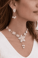 Rose Gold Floral Crystal Necklace and Earring Set for Women