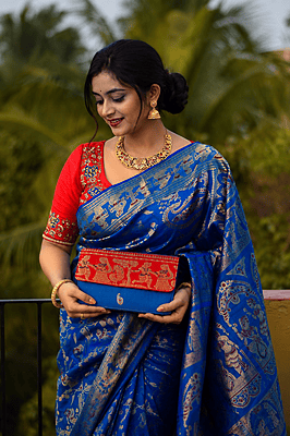 Premium Swarnachari Silk Purse | Feroza & Red Bengali Silk Saree Purse Premium Swarnachari Silk Purse | Feroza & Red Bengali Silk Saree Purse