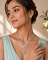 Turquoise Teardrop Necklace and Floral Earrings Set - Light Blue