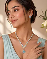 Turquoise Teardrop Necklace and Floral Earrings Set - Light Blue